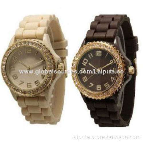 Stylish Black and White, Rose-gold, Faux, Chronograph Silicone Analog Quartz Watch with Rhinestones